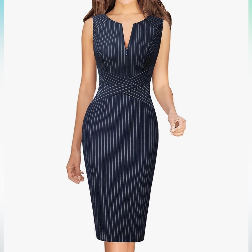 VFSHOW Elegant Navy Striped Midi Dress Size Small